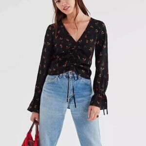 UO Deep V Cinched Floral Shirt